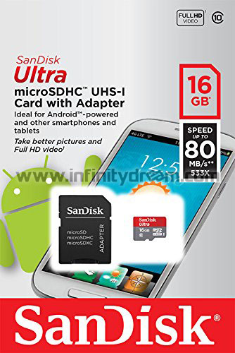 MicroSDHC 16Go SanDisk Ultra + Adaptateur SD - Class 10 (80MB/s)