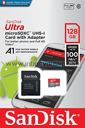 MicroSDXC 128GB SanDisk Ultra + SD Adapter - Class 10 (100MB/s)